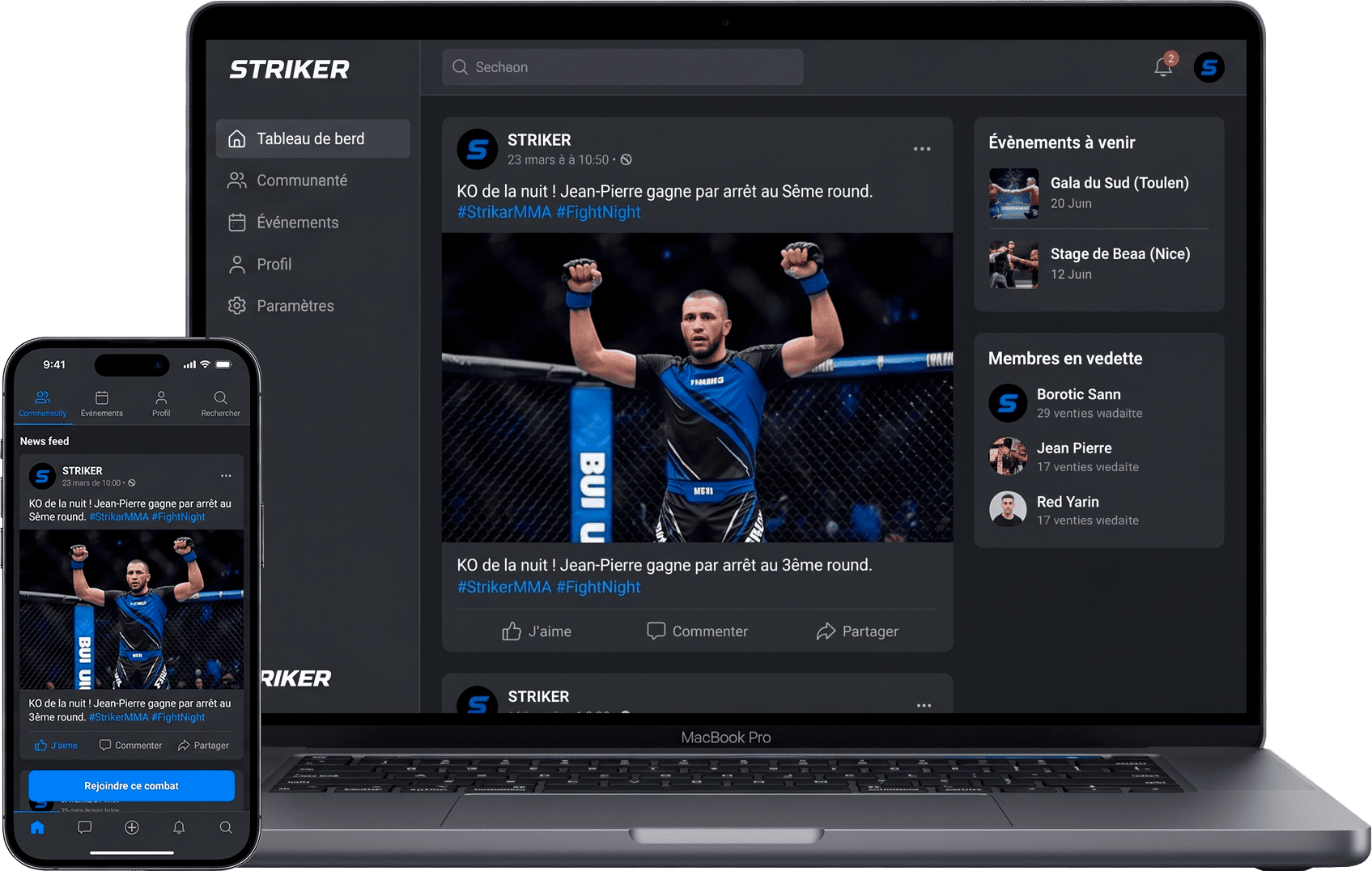 Aperçu de l'application STRIKER sur ordinateur et mobile